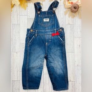 Osh Kosh dark Jean overalls with polka dot cloth lining